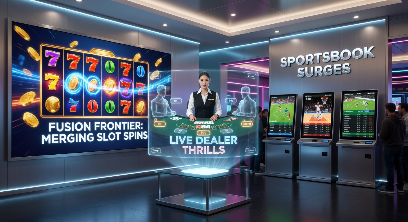 Live-Aktion mit Dealer, Slot-Rollen und Sportwetten-Overlay auf TopKasino88s Fusion Frontier, leuchtend und interaktiv